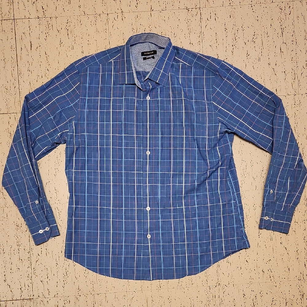 Bugatchi Blue Plaid Shaped Fit Button Down Long Sleeve Casual Dress Shirt